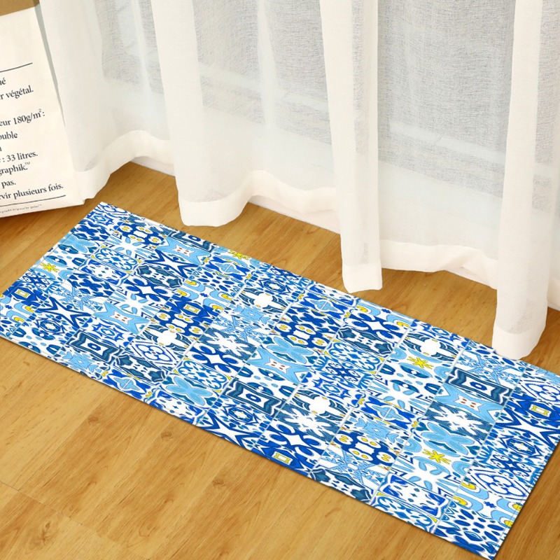 Commercial Kitchen Tile Flooring - Karpet Panjang Pola Ubin Biru-Putih Mediterania